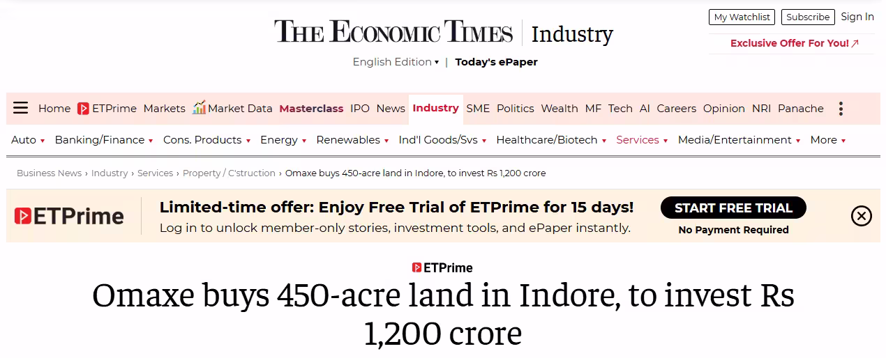 Times of India news coverage of Omaxe Super Corridor project